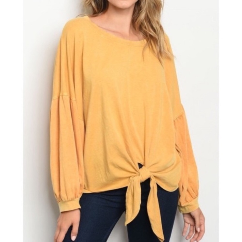 NWT Boho Mustard Yellow Balloon sleeve Oversized Front tie long sleeve top sz S